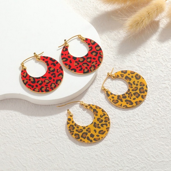 Picture of Wholesale Ins Style Stylish Hoop Earrings, Round Leopard Print Multicolor Printed 18K Gold Plated 304 Stainless Steel, Women's Eco-friendly Vacuum Plating Gift Jewelry Supply, 3.6cm x 3.4cm, 1 Pair