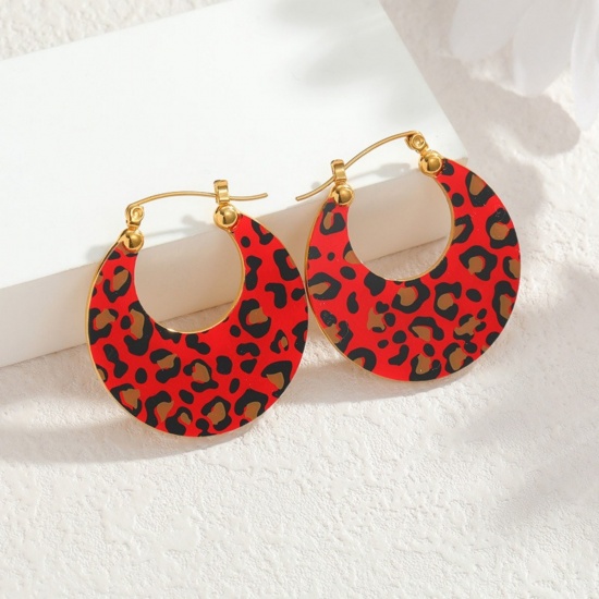 Picture of Wholesale Ins Style Stylish Hoop Earrings, Round Leopard Print Multicolor Printed 18K Gold Plated 304 Stainless Steel, Women's Eco-friendly Vacuum Plating Gift Jewelry Supply, 3.6cm x 3.4cm, 1 Pair