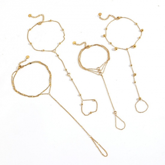 Immagine di Trasparente Strass 304 Acciaio Inossidabile Bracciale anello di mano catena Slave All'Ingrosso, Placcato Oro 18K Placcatura Sottovuoto Ecologica, Donne Stile Ins Elegante Regalo Fornitura di Gioielli, 1 Pz