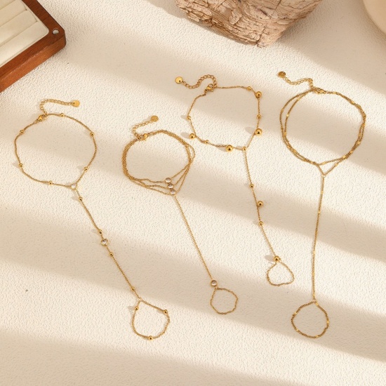 Immagine di Trasparente Strass 304 Acciaio Inossidabile Bracciale anello di mano catena Slave All'Ingrosso, Placcato Oro 18K Placcatura Sottovuoto Ecologica, Donne Stile Ins Elegante Regalo Fornitura di Gioielli, 1 Pz