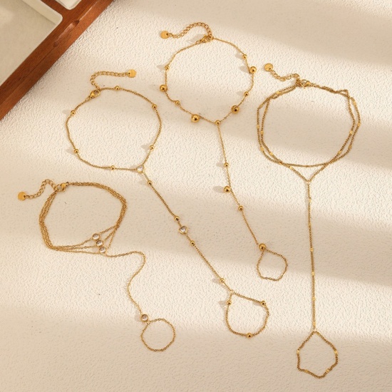 Immagine di Trasparente Strass 304 Acciaio Inossidabile Bracciale anello di mano catena Slave All'Ingrosso, Placcato Oro 18K Placcatura Sottovuoto Ecologica, Donne Stile Ins Elegante Regalo Fornitura di Gioielli, 1 Pz
