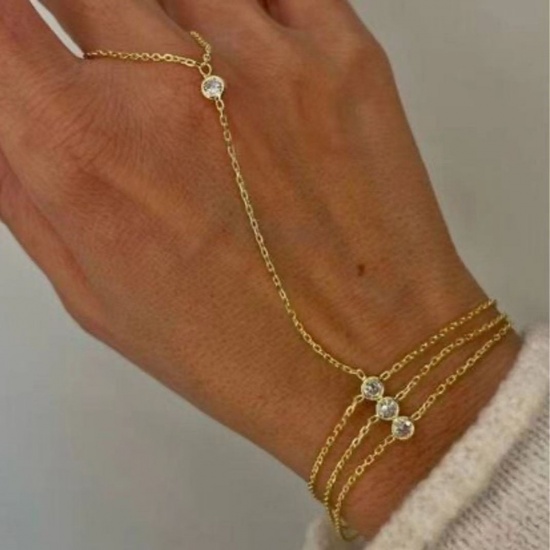 Immagine di Trasparente Strass 304 Acciaio Inossidabile Bracciale anello di mano catena Slave All'Ingrosso, Placcato Oro 18K Placcatura Sottovuoto Ecologica, Donne Stile Ins Elegante Regalo Fornitura di Gioielli, 1 Pz
