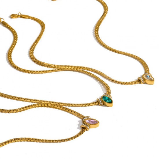 Picture of Wholesale Marquise Multicolour Cubic Zirconia Pendant Charm Necklace, 18K Gold Plated 304 Stainless Steel Cuban Link Chain, Unisex Eco-friendly Vacuum Plating Ins Style Stylish Gift Jewelry For Retailer, 39cm(15.4") + 5cm(2") long
