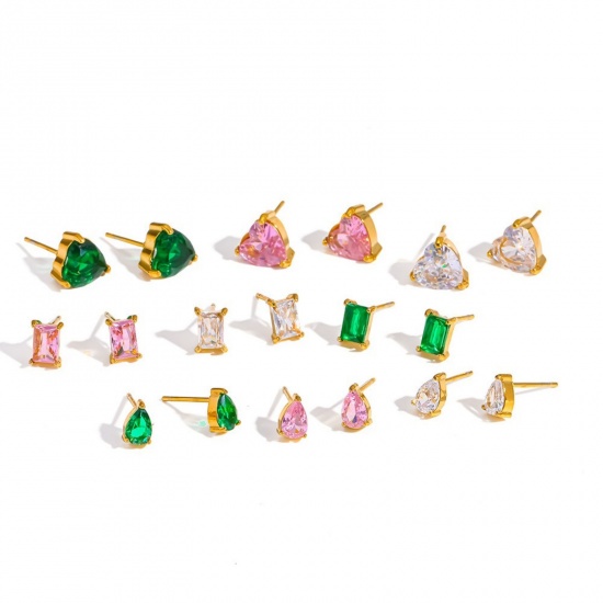 Immagine di Squisito Elegante Orecchini a Perno All'Ingrosso, Geometrica Multicolore Circonio Cubico Placcato Oro 18K 304 Acciaio Inossidabile, Unisex Placcatura Sottovuoto Ecologica Regalo Fornitura di Gioielli, 1 Paio