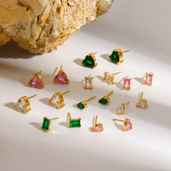 Immagine di Squisito Elegante Orecchini a Perno All'Ingrosso, Geometrica Multicolore Circonio Cubico Placcato Oro 18K 304 Acciaio Inossidabile, Unisex Placcatura Sottovuoto Ecologica Regalo Fornitura di Gioielli, 1 Paio