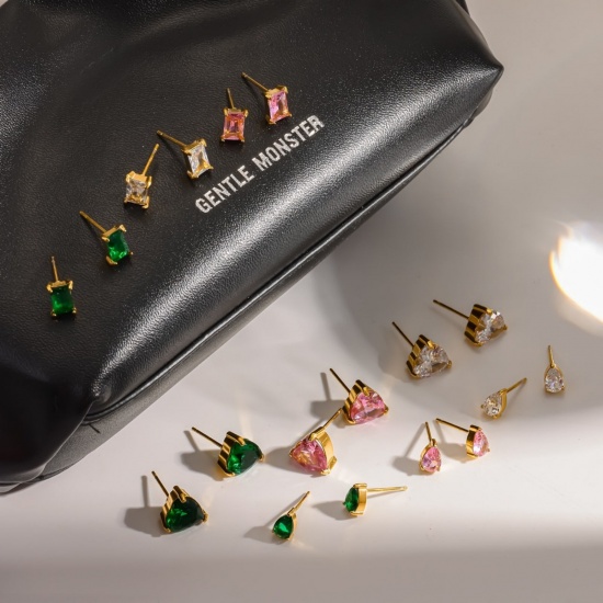 Immagine di Squisito Elegante Orecchini a Perno All'Ingrosso, Geometrica Multicolore Circonio Cubico Placcato Oro 18K 304 Acciaio Inossidabile, Unisex Placcatura Sottovuoto Ecologica Regalo Fornitura di Gioielli, 1 Paio