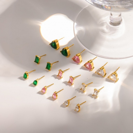 Immagine di Squisito Elegante Orecchini a Perno All'Ingrosso, Geometrica Multicolore Circonio Cubico Placcato Oro 18K 304 Acciaio Inossidabile, Unisex Placcatura Sottovuoto Ecologica Regalo Fornitura di Gioielli, 1 Paio