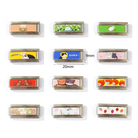 Picture of 1 Piece 304 Stainless Steel Italian Charm Links For DIY Modular Bracelet Watch Jewelry Making Wholesale Silver Tone Rectangle Animal 20mm x 9mm