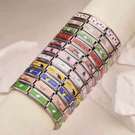 Picture of 1 Piece 304 Stainless Steel Italian Charm Links For DIY Modular Bracelet Watch Jewelry Making Wholesale Silver Tone Rectangle Animal 20mm x 9mm