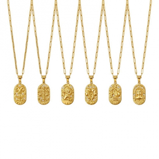 Picture of Wholesale Oval Zodiac Constellation Clear Cubic Zirconia Pendant Charm Necklace, 18K Gold Plated 304 Stainless Steel Women's Eco-friendly PVD Ins Style Stylish Gift Jewelry For Retailer, 40cm(15.7") + 5cm(2") long