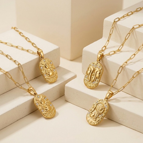 Picture of Wholesale Oval Zodiac Constellation Clear Cubic Zirconia Pendant Charm Necklace, 18K Gold Plated 304 Stainless Steel Women's Eco-friendly PVD Ins Style Stylish Gift Jewelry For Retailer, 40cm(15.7") + 5cm(2") long
