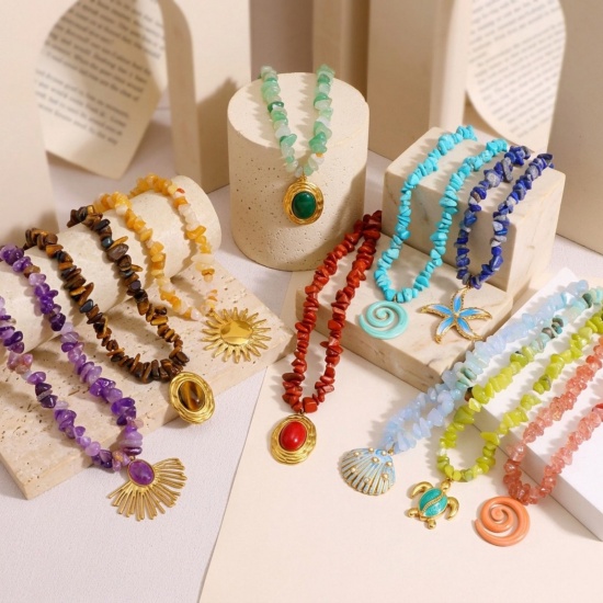 Immagine di Multicolore Collana con Ciondolo All'Ingrosso, Placcato Oro 18K 304 Acciaio Inossidabile & Gemma Donne PVD Ecologica Retrò Elegante Regalo Gioielli Per Rivenditore, 40cm + 5cm Lunghezza, 1 Pz