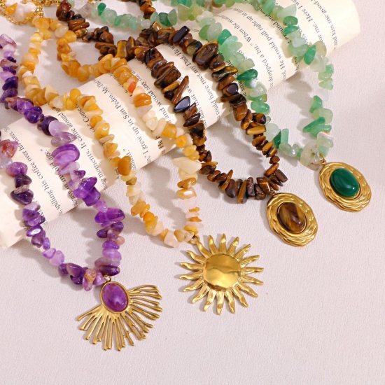 Immagine di Multicolore Collana con Ciondolo All'Ingrosso, Placcato Oro 18K 304 Acciaio Inossidabile & Gemma Donne PVD Ecologica Retrò Elegante Regalo Gioielli Per Rivenditore, 40cm + 5cm Lunghezza, 1 Pz