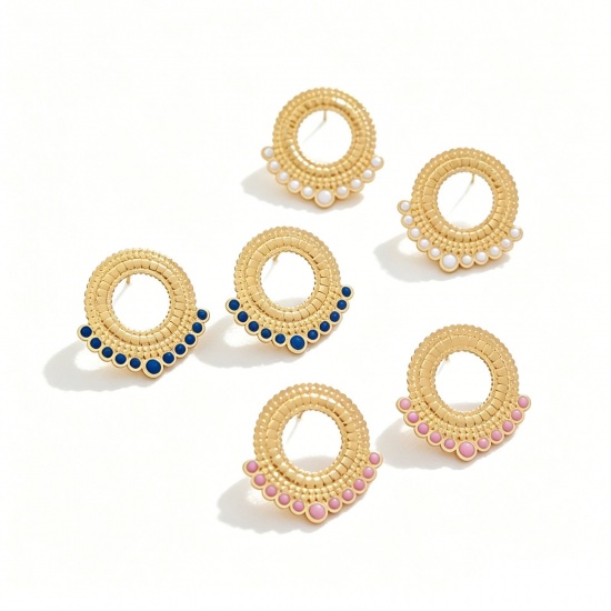 Picture of Wholesale Exquisite Stylish Ear Post Stud Earrings, Circle Ring Enamel 18K Gold Plated 304 Stainless Steel, Women's Eco-friendly Gift Jewelry Supply, 28mm x 26mm