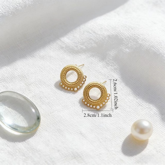 Picture of Wholesale Exquisite Stylish Ear Post Stud Earrings, Circle Ring Enamel 18K Gold Plated 304 Stainless Steel, Women's Eco-friendly Gift Jewelry Supply, 28mm x 26mm