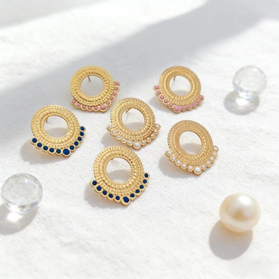 Picture of Wholesale Exquisite Stylish Ear Post Stud Earrings, Circle Ring Enamel 18K Gold Plated 304 Stainless Steel, Women's Eco-friendly Gift Jewelry Supply, 28mm x 26mm
