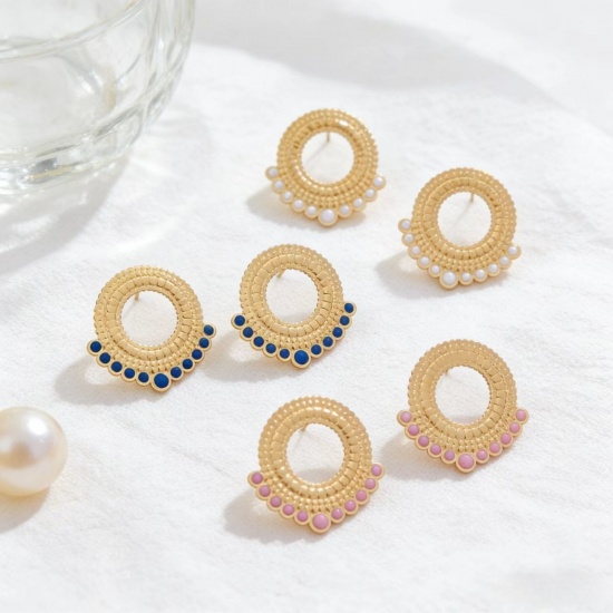 Picture of Wholesale Exquisite Stylish Ear Post Stud Earrings, Circle Ring Enamel 18K Gold Plated 304 Stainless Steel, Women's Eco-friendly Gift Jewelry Supply, 28mm x 26mm