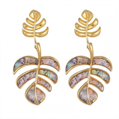 Immagine di Squisito Elegante Orecchino All'Ingrosso, Foglia Placcato Oro 18K 304 Acciaio Inossidabile & Conchiglie Naturali, Donne PVD Ecologica Regalo Fornitura di Gioielli, 1 Paio