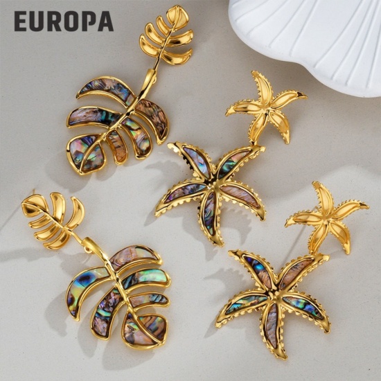 Picture of Wholesale Exquisite Stylish Earrings, Leaf 18K Gold Plated 304 Stainless Steel & Natural Shell, Women's Eco-friendly PVD Gift Jewelry Supply