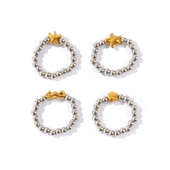 Picture of Wholesale Women's Gift Elastic Stretch Beaded Rings, 18K Real Gold Plated & Silver Tone 304 Stainless Steel, Eco-friendly PVD Waterproof Anti-Tarnish Hypoallergenic Exquisite Stylish Jewelry Supply, 18.5mm(US size 8.5), 1 Piece