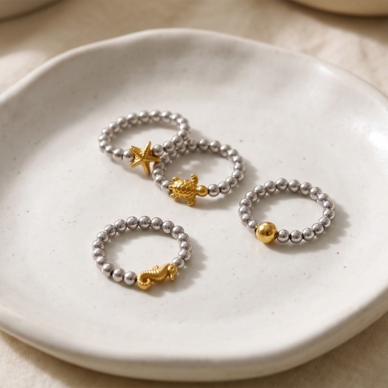 Picture of Wholesale Women's Gift Elastic Stretch Beaded Rings, 18K Real Gold Plated & Silver Tone 304 Stainless Steel, Eco-friendly PVD Waterproof Anti-Tarnish Hypoallergenic Exquisite Stylish Jewelry Supply, 18.5mm(US size 8.5), 1 Piece