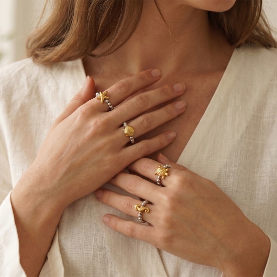 Picture of Wholesale Women's Gift Elastic Stretch Beaded Rings, 18K Real Gold Plated & Silver Tone 304 Stainless Steel, Eco-friendly PVD Waterproof Anti-Tarnish Hypoallergenic Exquisite Stylish Jewelry Supply, 18.5mm(US size 8.5), 1 Piece