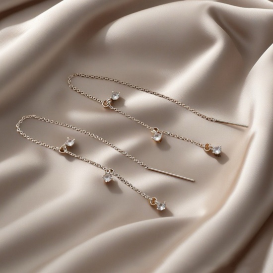 Picture of Wholesale Exquisite Stylish Ear Thread Threader Earrings, Tassel Clear Cubic Zirconia Multicolor Brass, Women's Gift Jewelry Supply, 3.6cm x 6.8cm