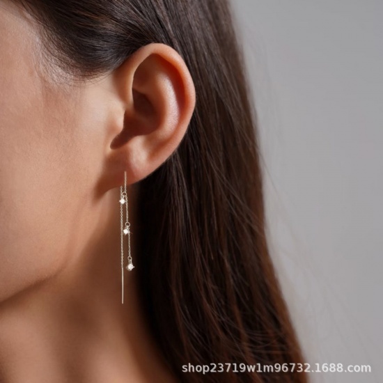 Picture of Wholesale Exquisite Stylish Ear Thread Threader Earrings, Tassel Clear Cubic Zirconia Multicolor Brass, Women's Gift Jewelry Supply, 3.6cm x 6.8cm