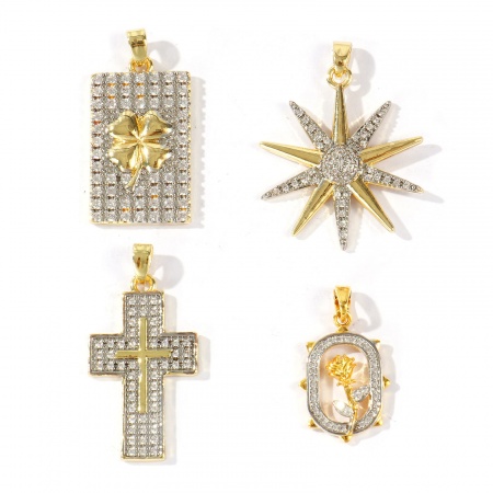 Imagen de 2 Unidades Latón Colgantes Charms Al Por Mayor Chapado en Oro de 18K & Platino Chapado Dos Colores Cruz Estrella Micro Pave Claro Circón Artificial