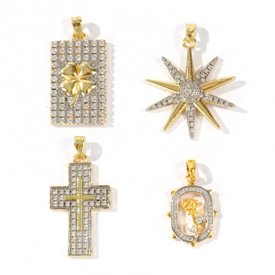 Bild von Messing Charm-Anhänger Großhandel 18K Vergoldet & Platin Plattiert Mixefarbe Kreuz Stern Micro Pave Klar Kubischer Zirkon