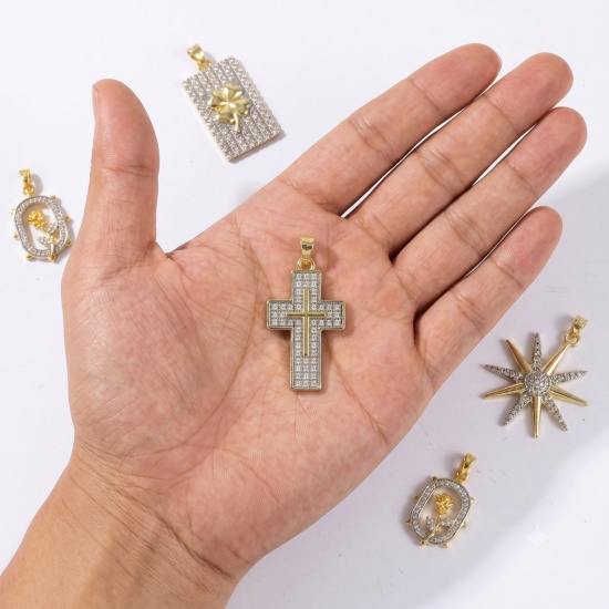 Bild von Messing Charm-Anhänger Großhandel 18K Vergoldet & Platin Plattiert Mixefarbe Kreuz Stern Micro Pave Klar Kubischer Zirkon
