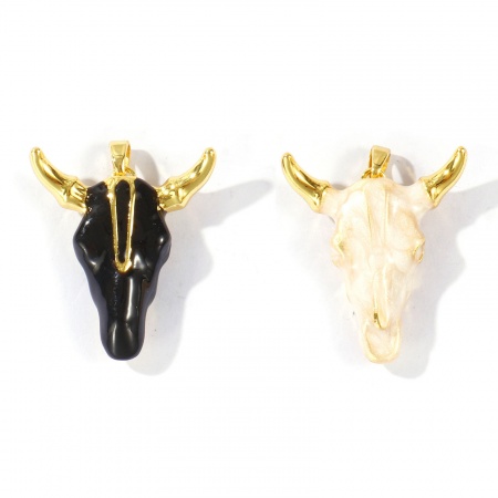 Imagen de 2 Unidades Latón Vaquero del Oeste Colgantes Al Por Mayor Chapado en Oro de 18K Esmalte Cabeza de Toro/Cabeza de Vaca 3cm x 2.4cm