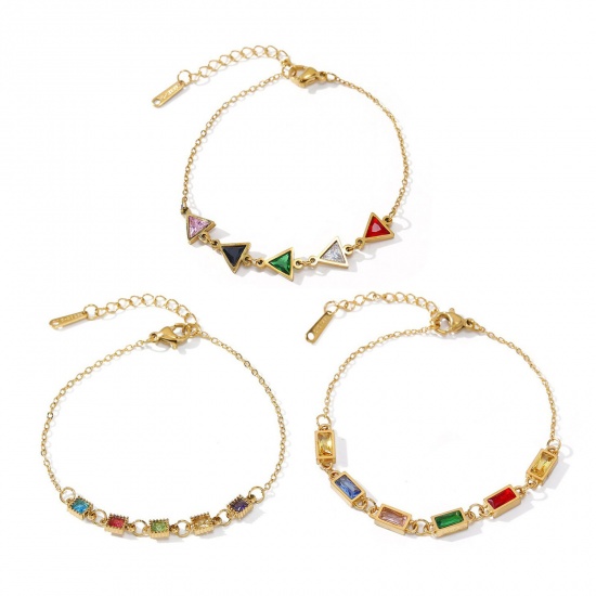 Picture of Wholesale Multicolour Cubic Zirconia 304 Stainless Steel Bracelets, 18K Gold Plated Eco-friendly PVD, Women's Exquisite Stylish Gift Jewelry Supply, 17.5cm(6.9") + 3.5cm(1.4") long