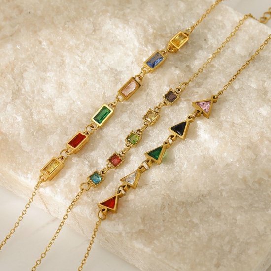Picture of Wholesale Multicolour Cubic Zirconia 304 Stainless Steel Bracelets, 18K Gold Plated Eco-friendly PVD, Women's Exquisite Stylish Gift Jewelry Supply, 17.5cm(6.9") + 3.5cm(1.4") long