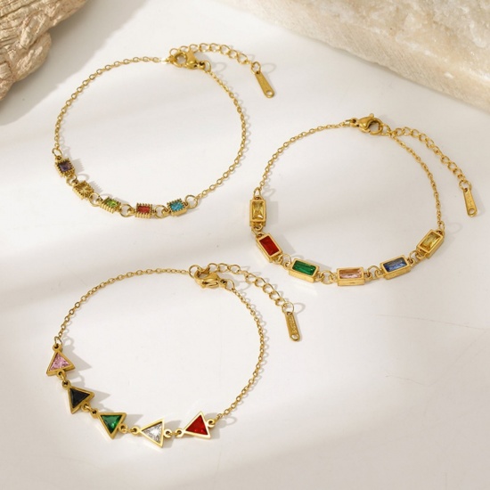 Picture of Wholesale Multicolour Cubic Zirconia 304 Stainless Steel Bracelets, 18K Gold Plated Eco-friendly PVD, Women's Exquisite Stylish Gift Jewelry Supply, 17.5cm(6.9") + 3.5cm(1.4") long