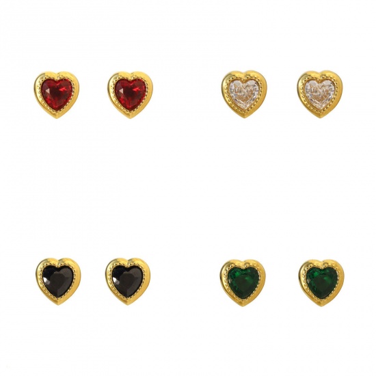 Immagine di San Valentino Elegante Orecchini a Perno All'Ingrosso, Cuore Placcato Oro 18K 304 Acciaio Inossidabile & Zircone Cubico, Donne PVD Ecologica Regalo Fornitura di Gioielli, 10mm x 10mm, 1 Paio
