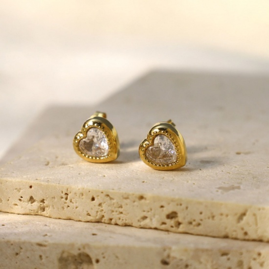Immagine di San Valentino Elegante Orecchini a Perno All'Ingrosso, Cuore Placcato Oro 18K 304 Acciaio Inossidabile & Zircone Cubico, Donne PVD Ecologica Regalo Fornitura di Gioielli, 10mm x 10mm, 1 Paio