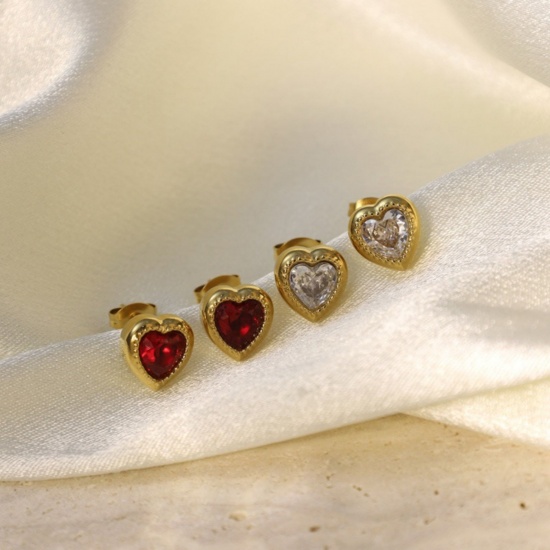 Immagine di San Valentino Elegante Orecchini a Perno All'Ingrosso, Cuore Placcato Oro 18K 304 Acciaio Inossidabile & Zircone Cubico, Donne PVD Ecologica Regalo Fornitura di Gioielli, 10mm x 10mm, 1 Paio