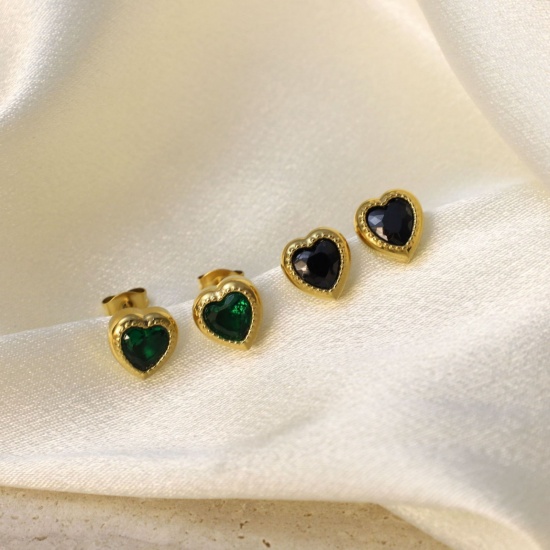Immagine di San Valentino Elegante Orecchini a Perno All'Ingrosso, Cuore Placcato Oro 18K 304 Acciaio Inossidabile & Zircone Cubico, Donne PVD Ecologica Regalo Fornitura di Gioielli, 10mm x 10mm, 1 Paio