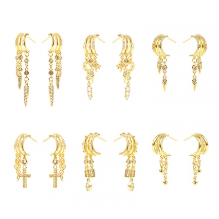 Immagine di Squisito Elegante Nappa Orecchini All'Ingrosso, Trasparente Circonio Cubico Placcato Oro 14K Ottone, Donne Regalo Fornitura di Gioielli, Posta/Filo Dimensione: 0.7mm(21 misura), 1 Paio