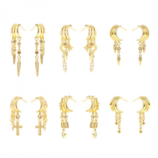 Picture of Wholesale Exquisite Stylish Tassel Earrings, Clear Cubic Zirconia 14K Gold Plated Brass, Women's Gift Jewelry Supply, Post/ Wire Size: 0.7mm(21 gauge)