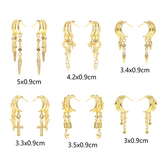 Picture of Wholesale Exquisite Stylish Tassel Earrings, Clear Cubic Zirconia 14K Gold Plated Brass, Women's Gift Jewelry Supply, Post/ Wire Size: 0.7mm(21 gauge)