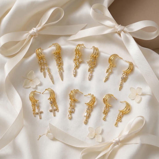 Picture of Wholesale Exquisite Stylish Tassel Earrings, Clear Cubic Zirconia 14K Gold Plated Brass, Women's Gift Jewelry Supply, Post/ Wire Size: 0.7mm(21 gauge)