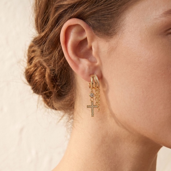 Picture of Wholesale Exquisite Stylish Tassel Earrings, Clear Cubic Zirconia 14K Gold Plated Brass, Women's Gift Jewelry Supply, Post/ Wire Size: 0.7mm(21 gauge)