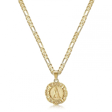 Picture of Wholesale Capital Alphabet Initial Letter Pendant Charm Necklace, 18K Gold Plated Brass Figaro Chain, Women's Simple Retro Gift Jewelry For Retailer, 51cm(20.1") + 5cm(2") long