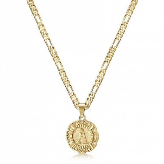 Bild von Großhandel Großbuchstaben Anhänger Halskette, 18K Vergoldet Messing Figaro Kette, Frauen Einfach Retro Geschenk Schmuck für Einzelhändler, 51cm + 5cm lang