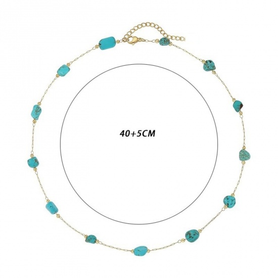 Picture of Wholesale Green Blue Natural Turquoise Station Necklace, 304 Stainless Steel Beaded Chain, Women's Boho Chic Bohemia Ethnic Style Gift Jewelry For Retailer, 45cm(17.7") + 5cm(2") long