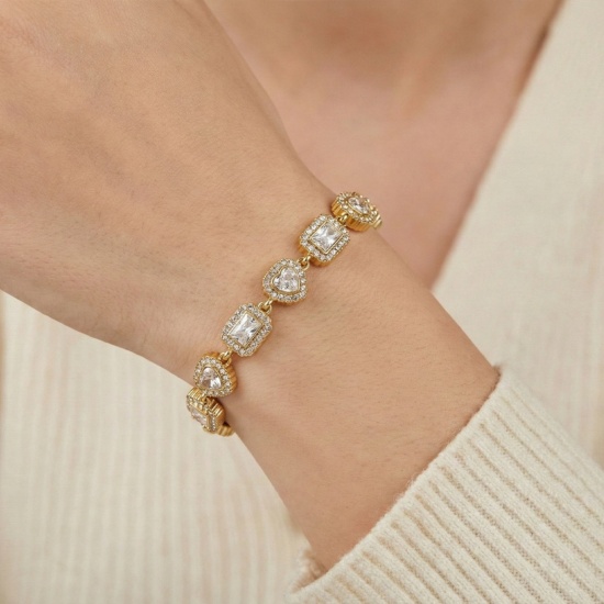 Picture of Wholesale Clear Cubic Zirconia 304 Stainless Steel Bracelets, 18K Gold Plated Eco-friendly PVD, Women's Exquisite Stylish Gift Jewelry Supply