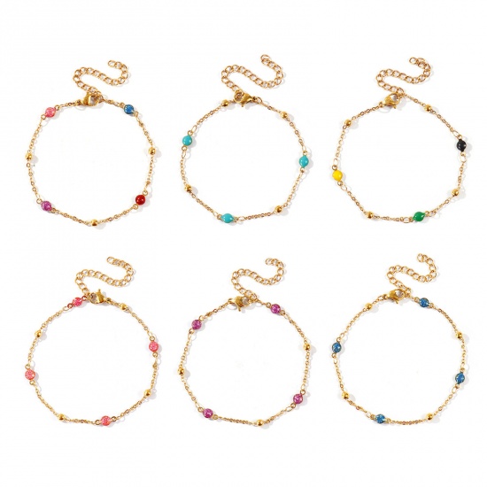 Picture of Wholesale Double-sided Enamel 304 Stainless Steel Link Cable Chain Station Necklace, 18K Real Gold Plated Eco-friendly PVD Waterproof Anti-Tarnish Hypoallergenic, Women's Exquisite Stylish Gift Jewelry Supply, 17cm(6.7") + 5cm(2") long