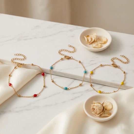 Picture of Wholesale Double-sided Enamel 304 Stainless Steel Link Cable Chain Station Necklace, 18K Real Gold Plated Eco-friendly PVD Waterproof Anti-Tarnish Hypoallergenic, Women's Exquisite Stylish Gift Jewelry Supply, 17cm(6.7") + 5cm(2") long